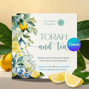 Editable Torah and Tea Invite Template | Canva Women's Torah Class Flyer | Ladies' Learning Invitation | Jewish Book Club Flyer