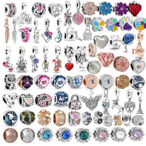 May include: A selection of silver and colourful charm beads. Designs include flowers, hearts, animals, and travel-themed charms. Some charms have coloured enamel and crystal accents. The charms are designed to be added to a bracelet or necklace.