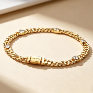 Op de afbeelding: Een goudkleurige armband met een gourmette kettingontwerp. De armband heeft hartvormige, heldere edelstenen en een rechthoekige sluiting met de merknaam "PANDORA" gegraveerd. De armband wordt gepresenteerd op een lichtbeige oppervlak.