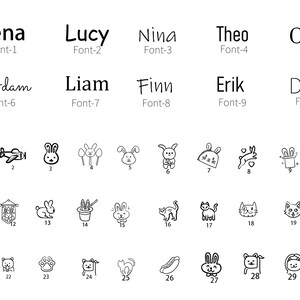 May include: A black and white illustration showcasing different name fonts and small drawings of animals and objects. The names Lena, Lucy, Nina, Theo, Omar, Adam, Liam, Finn, Erik, and Davi are displayed in different fonts. Drawings include a dog, airplane, rabbit, cat, and more.