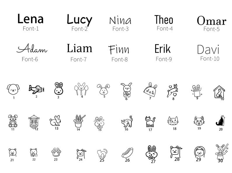 May include: A black and white illustration showcasing different name fonts and small drawings of animals and objects. The names Lena, Lucy, Nina, Theo, Omar, Adam, Liam, Finn, Erik, and Davi are displayed in different fonts. Drawings include a dog, airplane, rabbit, cat, and more.