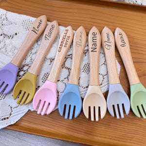 Baby Fork,Custom Name Utensil,Personalized Baby Fork,Silicone Toddler Fork,Wooden Handle Baby Fork,BLW Weaning Gift,Christmas Baby Gift