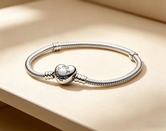 Pandora Moments Heart Clasp Snake Chain Bracelet,Sterling Silver Charm Bracelet | Beaded Custom Jewelry Gift for Women