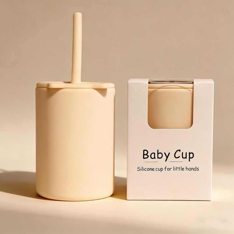 May include: A beige silicone baby cup with a lid and handle, next to a box with the text "Baby Cup" and "Silicone cup for little hands". The cup is designed for small hands.
