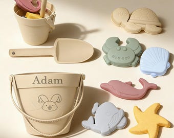 Personalized Silicone Beach Toy Set, Custom Name Sand Bucket, Kids Summer Play
