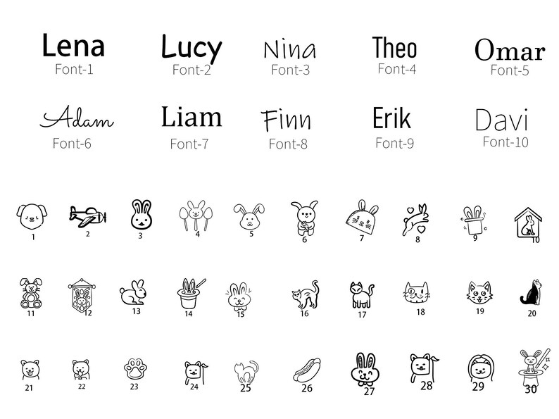 May include: A black and white illustration featuring various name fonts and small drawings. The image includes names like Lena, Lucy, and Adam, along with drawings of animals and objects such as a dog, airplane, and rabbit. The image is designed for personalization.