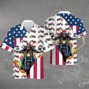 American Flag Biker Hawaiian Shirt: Skull Motorcycle Patriotic Flame