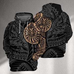 Polynesian Tribal Sun Hoodie, Black Gold Tattoo Pattern Unisex Pullover, Maori Inspired All Over Print Sweatshirt, Island Gift Streetwear