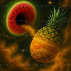 Surreal Watermelon Black Hole & Pineapple Planet – AI Digital Art Print – Cosmic Wall Art – Fruit Illustration – Downloadable