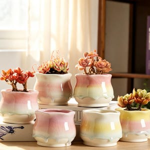 Glazed Ceramic Succulent Planter, Pastel Drip Crackle Plant Pot, Cottagecore Small Flower Pot, Cute Mini Cactus Planter, Boho Home Decor