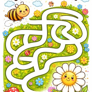 以下が含まれることがあります： 「Help the Bee Find the Flower!」のテキストが入った、カラフルな子供向け迷路ゲーム。イラストには、漫画のミツバチ、花、太陽、大きなデイジーへと続く道が描かれています。