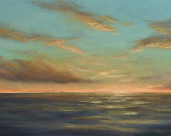 Original Sunset Seascape Painting, 12"x36" Tropical Sunset, Panoramic Fine Art Seascape, Clouds in Sunset, Beach Art. FREE SHIPPING
