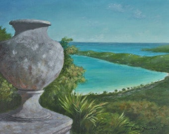 Pintura caribeña original, Magens Bay, St. Thomas, Paisaje marino de las Islas Vírgenes enmarcadas, Playa tropical, Patio tropical, ENVÍO GRATIS