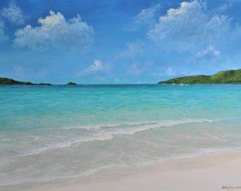 Gran pintura original de playa tropical, Magens Bay, St. Thomas USVI, pintura de playa caribeña, pintura de paisaje marino de bellas artes (envío gratis)