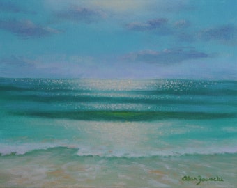 Pintura de playa original, pintura de bellas artes tropicales, pintura de paisaje marino original, agua del océano turquesa, olas rompientes, ENVÍO GRATIS