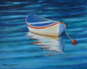 Pintura de barco de bellas artes original, paisaje marino azul, decoración costera, arte de casa de playa, bote de remos amarrado, pintura náutica, ENVÍO GRATIS