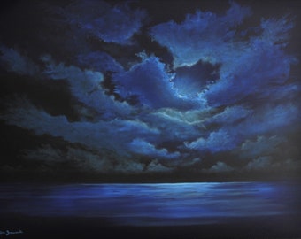 Pintura de paisaje marino original grande, 30 "x 40" Fine Art Moonlight Seascape Painting, Arte contemporáneo grande, listo para colgar (envío gratis)