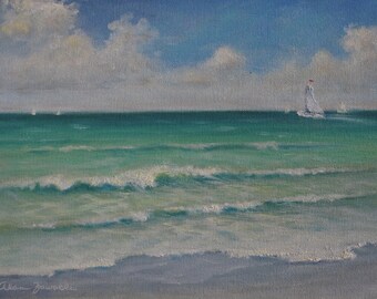 Original Seascape Painting, Plein Air Painting, Tropical Wall Art, Florida Beach Painting, Siesta Key, Sailboat Art, FREE SHIPPING
