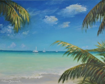 Pintura de playa de paisaje marino tropical original, paisaje marino caribeño de bellas artes, pintura de palmera, veleros, arte de casa de playa, ENVÍO GRATIS