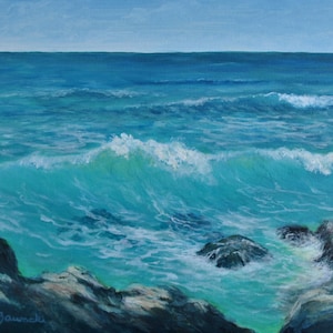 Original Seascape Painting, Fine Art Ocean Waves Painting, Coastal Wall Art, Ocean Painting, Rocky Shore Painting, Blue Ocean, FREE SHIPPING