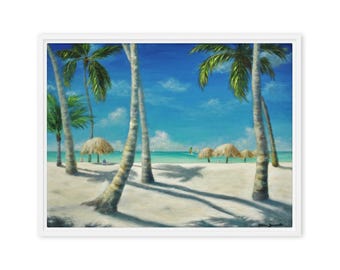 Caribbean Island Beach Framed Canvas Giclee Print 18x24 (Morning on the Beach)