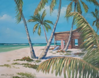 Pintura de playa original, pintura de paisaje marino enmarcado, surf, surfistas, casa de playa, pintura de bellas artes del Caribe, cabaña de playa, ENVÍO GRATIS