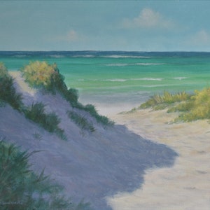 Original Tropical Seascape Beach Painting, Beach Sand Dunes, Framed Fine Art Beach Painting, Coastal Decor, Beach Path, FREE SHIPPING