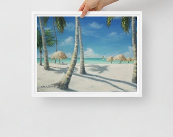 Caribbean Beach Print, Tropical Island Seascape Print, Sailboats and Beach Umbrellas, Palm Trees on Tropical Beach