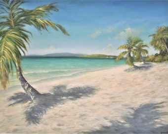 Solomon Beach, St. John US Virgin Islands, Large Original Beach Oil Painting, Caribbean Fine Art, Palm Trees, Ready To Hang (Free Shipping)