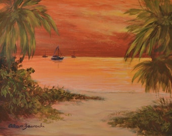 Original Sunset Beach Painting, Framed Tropical Fine Art Painting, Caribbean Island beach, sailboats, hand-made original, FREE SHIPPING