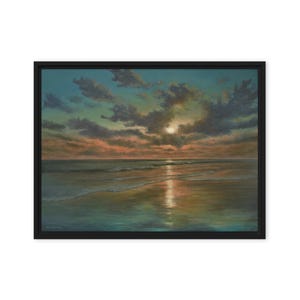 May include: A framed painting of a sunset over the ocean. The sky transitions from teal to orange and is filled with clouds. The sun is setting over the water, reflecting on the wet sand.