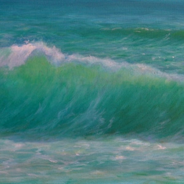 Original Tropical Seascape Wave Painting, Turquoise Blue Ocean Painting, Beach Painting, Panoramic Painting, Ocean Art, FREE SHIPPING