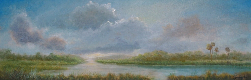 Original Tropical Florida Landscape, Fine Art Oil Painting, Florida Marshland, Cloud Painting, hand-made art, one-of-a-kind, FREE SHIPPING