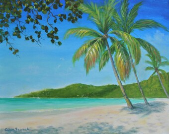 Original enmarcado Caribbean Seascape Beach Painting, St. Thomas US Virgin Islands Painting, Magens Bay, Palm Tree Painting, ENVÍO GRATIS