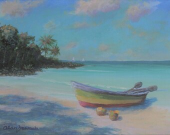 Pintura de playa jamaicana original, pintura de bellas artes tropicales, agua turquesa, palmeras, decoración de la casa de playa, arte caribeño, ENVÍO GRATIS