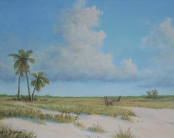 Original Tropical Landscape, Palm Trees and Sand, Florida Landscape, Fine Art Painting, Wilderness Marshland with Deer, FREE SHIPPING