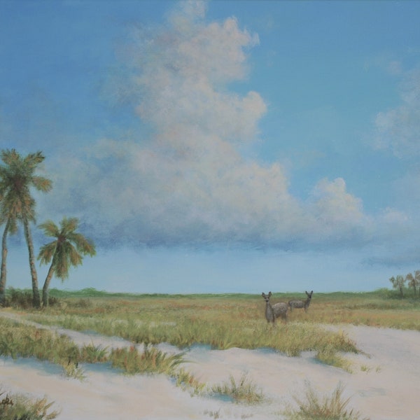 Original Tropical Landscape, Palm Trees and Sand, Florida Landscape, Fine Art Painting, Wilderness Marshland with Deer, FREE SHIPPING