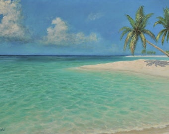 Pintura de playa tropical original, pintura de océano de bellas artes, agua turquesa, palmeras, cala tropical, arte de pared de casa de playa, ENVÍO GRATIS