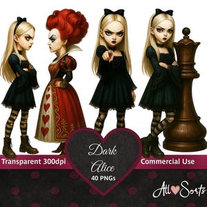 Dark Alicja w Krainie Czarów Clipart Pack, 40 PNG, Gotyckie Bajkowe Ilustracje, Strasznie Słodka Alicja Estetyczna, 300 dpi, Album, Dziennik