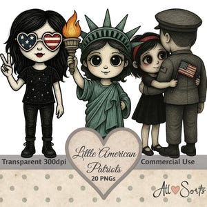 Little American Patriots clipartpakket, 20 png-bestanden, patriottische kinderen, vintage esthetiek, VS-illustraties, 300 dpi, plakboek, journaling, veteraan