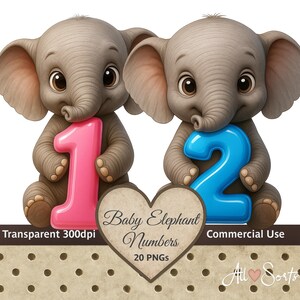 Pack de cliparts chiffres bébé éléphant, 20 PNG, animaux mignons numéros 0-9 en rose et bleu, anniversaire jalon graphique, art baby shower, 300 dpi