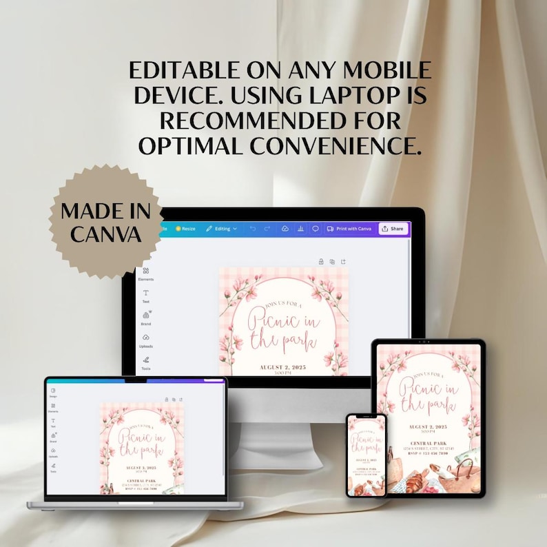 Pink Floral Picnic Invitation Template: Editable Canva Invite (digital ...
