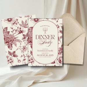 Puede incluir: Juego de invitaciones a una cena con un diseño floral en burdeos y crema. La invitación dice "Dinner Party" e incluye la fecha y el nombre del anfitrión. Se incluye un sobre.