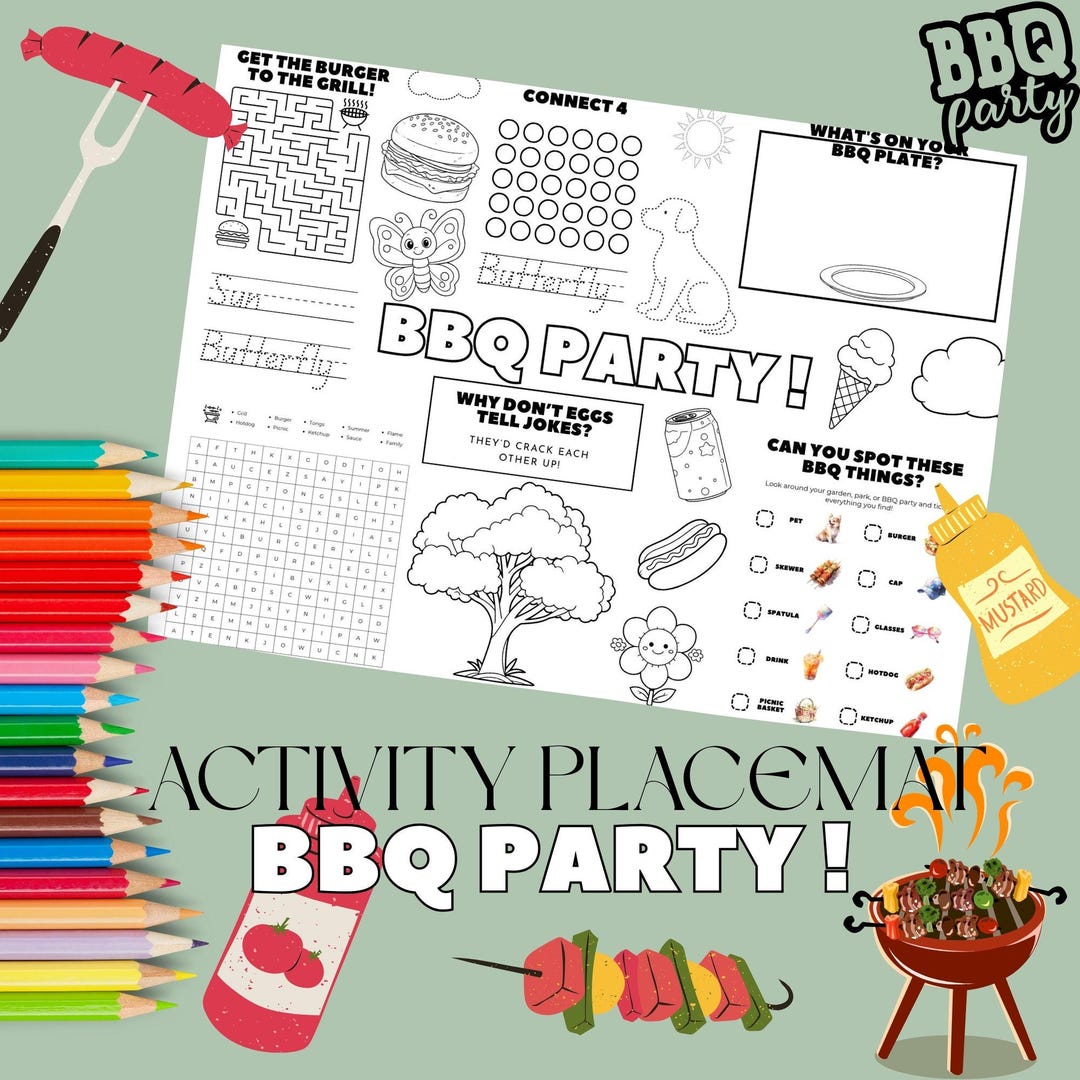 BBQ Party Activity Placemat for Kids, Instant Download, Fun Printable ...