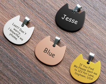 Personalized custom cat-shaped pet tags, stainless steel tags, with customizable text and patterns
