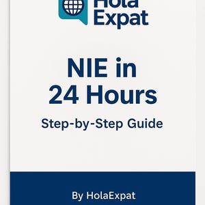 May include: A white document featuring the text "Hola Expat" and a globe icon. The document states "NIE in 24 Hours" and "Step-by-Step Guide." The bottom section reads "By HolaExpat Spain Administrative Fast Track."