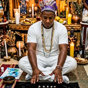 May include: A person in white clothing and a purple head covering sits cross-legged before an altar. The altar features statues, candles, and offerings. A black mat displays cowrie shells arranged in a pattern. Colorful beaded necklaces and bracelets are visible.