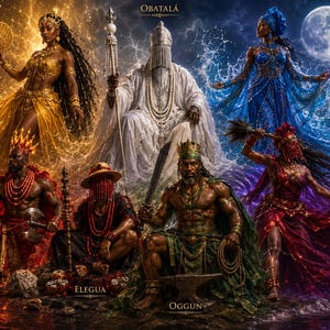 Op de afbeelding: Een digitale illustratie met zes figuren die Orisha's voorstellen: Oshun in goud, Obatala in wit, Yemaya in blauw, Shango in rood, Elegua in donkere tinten en Oggun in groen. Elke figuur is omringd door elementaire effecten zoals water, vuur en bliksem.