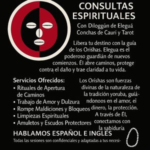 Op de afbeelding: Zwart-witte afbeelding met tekst in het Spaans en Engels, die spirituele consulten adverteert. De afbeelding bevat een rood en zwart cirkelvormig ontwerp met een gezicht-achtige vorm. Aangeboden diensten worden vermeld.
