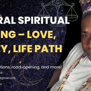Op de afbeelding: Afbeelding die spirituele readings promoot. Tekst luidt "Algemene spirituele reading - Liefde, Geld, Levenspad". De afbeelding toont een persoon met een wit shirt en een decoratieve hoofdbedekking. Contactgegevens zijn ook opgenomen.